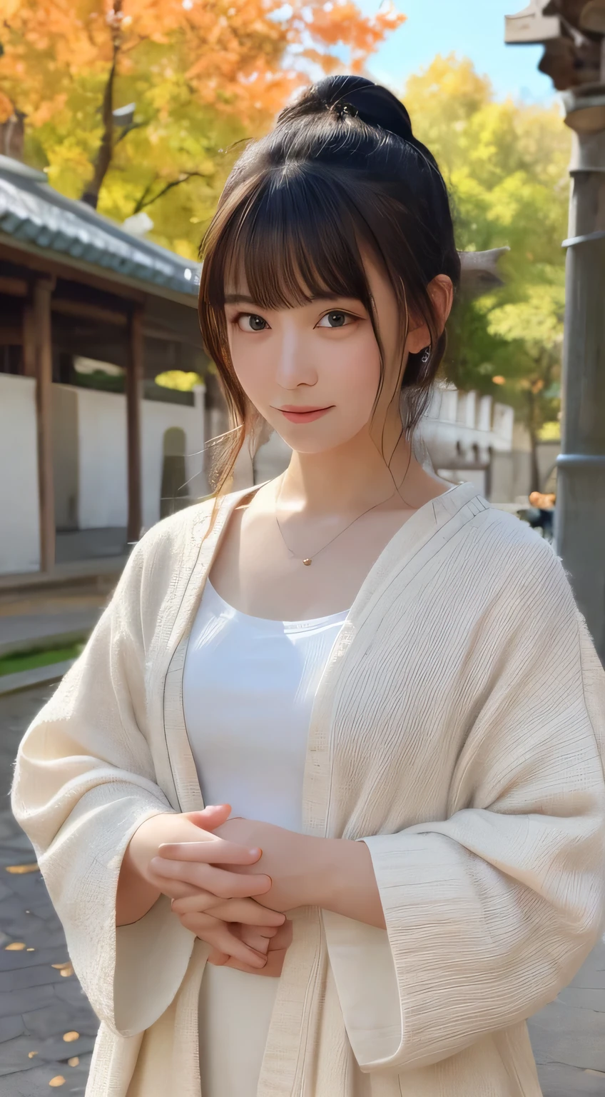 Best image quality (8k, High resolution, masterpiece: 1.2), Very detailed, Random Hairstyles, 2 woman, 

Extraordinary beautiful girl、Cute and beautiful face details、(Dealing with the Children_v1:0.008)、


score_9, score_8_upper, score_7_upper, 

situation: A girl praying with her hands together in front of a large Buddha statue。Staring intently at the Buddha statue、Looks like he&#39;s hoping for something。
landscape: Temples in autumn、Behind the Buddha statue, colorful autumn leaves spread out.、Every time the wind blows, the leaves fly away。Flowers on the pedestal of the Buddha statue々was offered、People praying around々There is a figure of。
Camera angle: At a slightly oblique angle、The girl&#39;s serious expression and the Buddha statue&#39;s face are captured at the same time。


,Active stop temporarily ,
On her side、The thunder danced。
Focus on the upper waist


, Random cute poses ,Big eyes ,Puffy eyes ,  Heart pupil, blush  , Big shy smile , 
