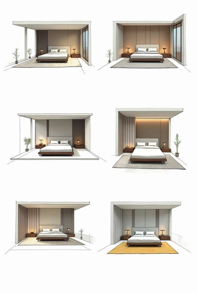Modern house Interior bedroom design six different Sketches