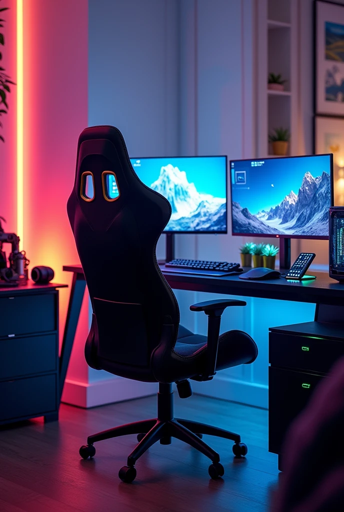 Create a image of gaming setup with full light room and gaming chair 