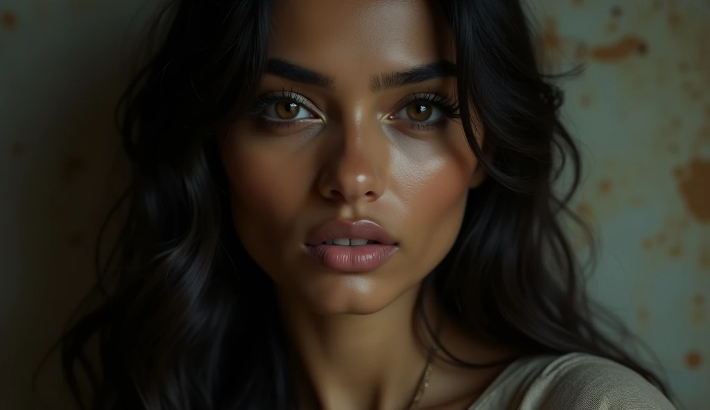 a beautiful mysterious Indian woman, Western fashion, intricate detailed face, piercing eyes, long eyelashes, delicate skin, natural beauty, flowing hair, candid elegant pose, dramatic lighting, cinematic mood, muted color palette, chiaroscuro lighting, high quality, photorealistic, 8k, intricate details, professional rendering