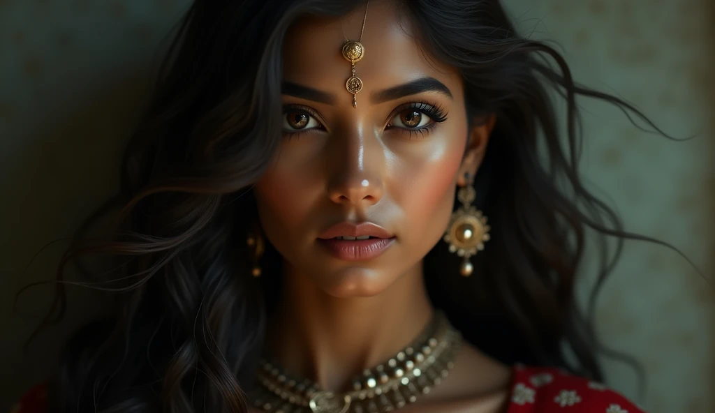 a beautiful mysterious Indian woman, Western fashion, intricate detailed face, piercing eyes, long eyelashes, delicate skin, natural beauty, flowing hair, candid elegant pose, dramatic lighting, cinematic mood, muted color palette, chiaroscuro lighting, high quality, photorealistic, 8k, intricate details, professional rendering