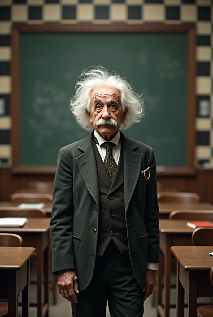 Albert Einstein square in a checkered school room