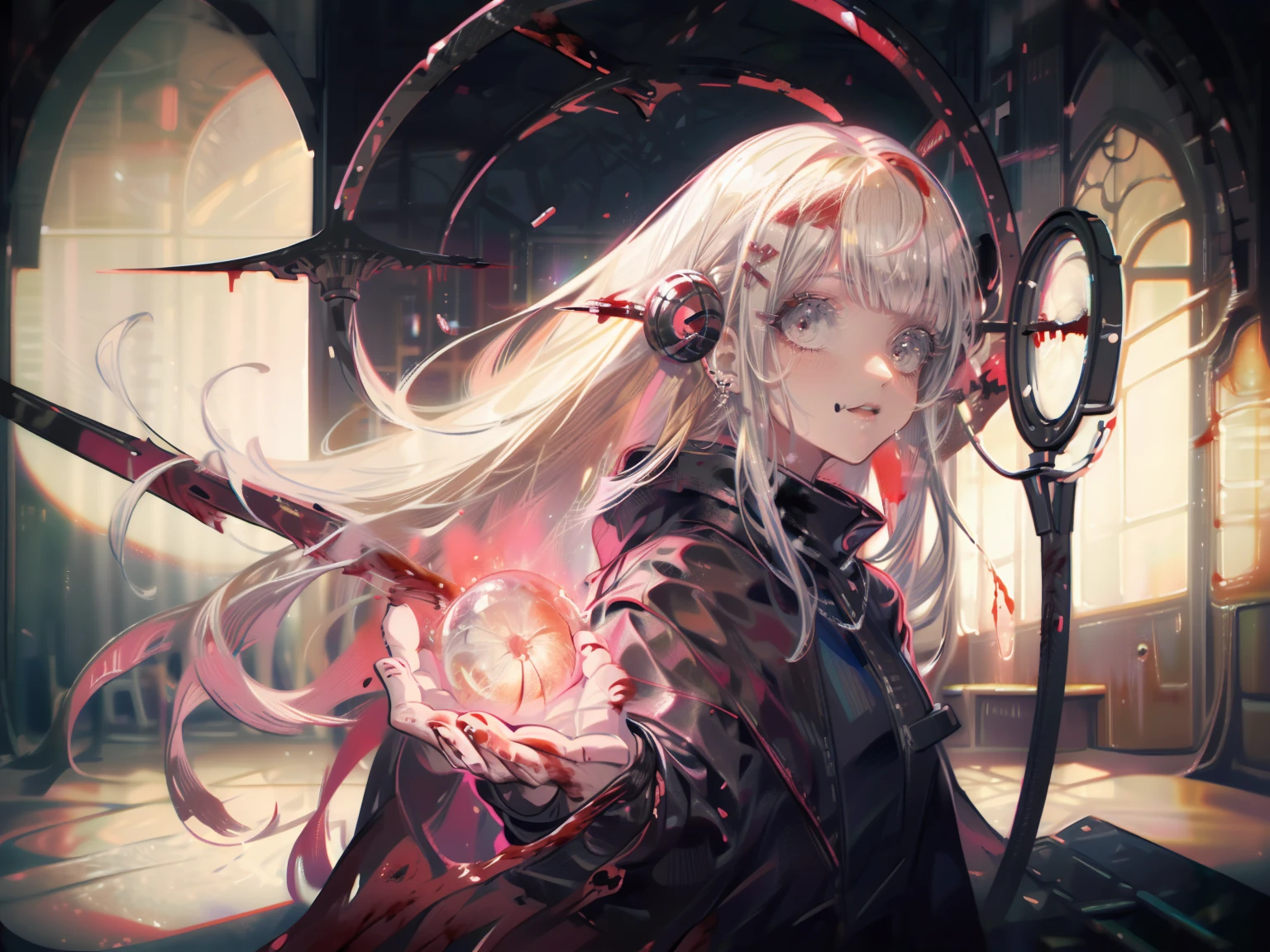 shaded face　、beautiful girl、とてもcute天使、Pink Gothic Fashion、cute、Baby Face、smile、Long skirt、Black long boots、.(Highest quality,4K,High resolution,masterpiece:1.2),Very detailed,Realistic:1.37,Spooky altar background,Dark fantasy,Red color scheme,Ominous atmosphere,Eye-catching,Storytelling,anatomy,Anime Style,Concept Art,beautiful細部までこだわった顔と (((Red eyes ))),A terrifying ritual ,Satanic Ritual,Premature death,inappropriate behavior,クレイジーなsmile,Scythe Face,Girl Monster, beautiful, Delicate facial features, Sharp Eye, Sharp Fangs, pale skin, Dark Background, Cinema Lighting, Dramatic Shadows, Gothic style, Gloomy atmosphere, Dark fantasy, one person&#39;s, Please open your mouth wide, Open your mouth and baring your teeth,Sharp teeth like a beast, Wide lips, very wide mouth, Vermilion cheeks, ,(Blood splatter:1.4),Scary smile, smile,Angel Design, Twisted smile、Bloody、bleeding from the head,,,,,、Blood splatter、,(Blood splatter:1.4),skull,Demon Spear,Horror Style, ((Fantasy Sweet Ta Frill Pink Costume)), ((Flowing blonde hair)), ,(Blood splatter:1.4),Female curves, Sexy flat stomach, Perfect hands, Perfect anime face, (Pink Tata Dress)), Are standing, ((邪悪なsmile)), ,(Blood splatter:1.4), Steam circulates, Moonlight Illumination, night lighting, (Blood splatter:1.6),アニメAngel Design, Twisted smile、Bloody、bleeding from the head,,,,,、Blood splatter、,(Blood splatter:1.4), skull,Gothic architecture、Western architecture、Fantasy World、,Victorian cities, Skeleton Gas Light,Absurd, High resolution、 ((Tabletop)), ((Highest quality)), (Very detailedな), ((Very detailed)), (beautiful), ((cute)), (NFSW:1.8), alone,(:1.6)、(world&#39;The most terrifying and creepy demon girl:1.5)beautiful face、Whole Body Ezbian、pale, beautiful肌、beautiful金の髪、優しくsmileむ、Dark building ruins、(snow white&#39;Frill dress:1.3)、(The dark ruins are stained with blood:1.3)、Low angle full body shot、(少女は血の海の中にAre standing:1.5)、(The ground is full of blood:1.3)、(The girl lost a lot of blood....:1.3)、(クレイジーなsmile:1.6)、Spirits、(Blood dripping from the mouth:1.3)、
