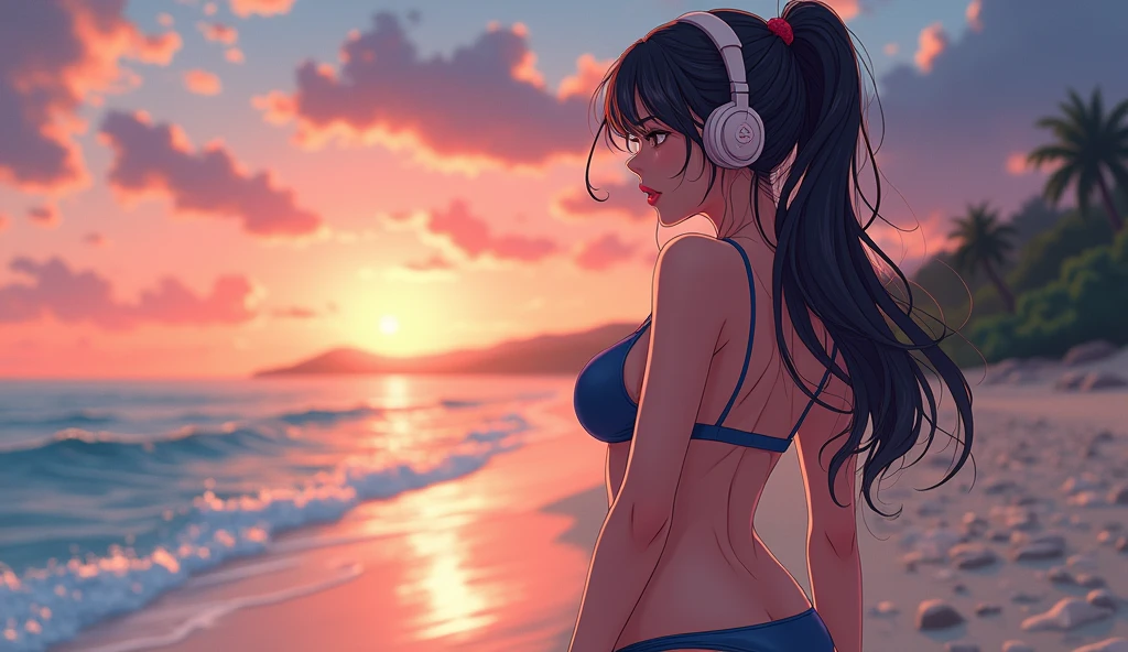 Perfect image, 8k, high school girl、Big Breasts、Mature、 Using headphones, 2D-style animation, Lo-Fi, Swimwear、Beach、evening、Emotional、Retro、Anime style illustrations