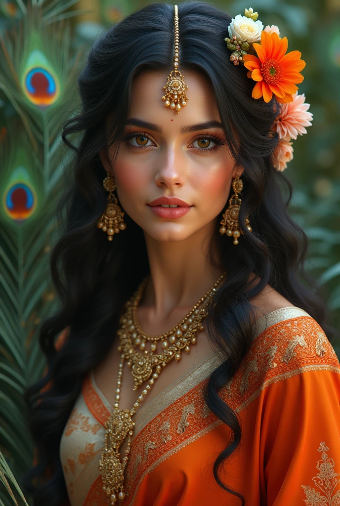 "A beautiful woman with long, glowing fair face ,dark hair adorned with flowers and jewelry. She is wearing a traditional Indian outfit and has a gentle smile on her face and her body shape is healthy. She is surrounded by peacock feathers and has a serene expression."