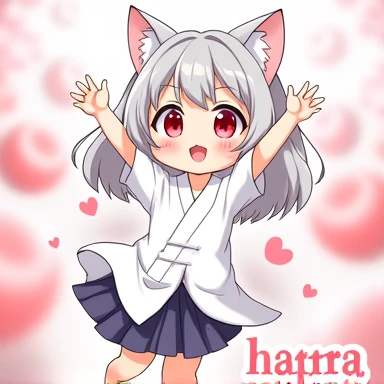 One Woman,Gray Hair,Cat ear,((Chibi Character)) ,Red eyes,,White kimono,Please put your hands up,Jumping,smile,smile,Enter your text in the bottom right corner of the fantasy image,A very popular font,