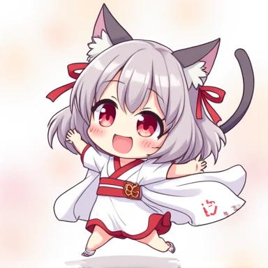 One Woman,Gray Hair,Cat ear,((Chibi Character)) ,Red eyes,,White kimono,Please put your hands up,Jumping,smile,smile,Enter your text in the bottom right corner of the fantasy image,A very popular font,