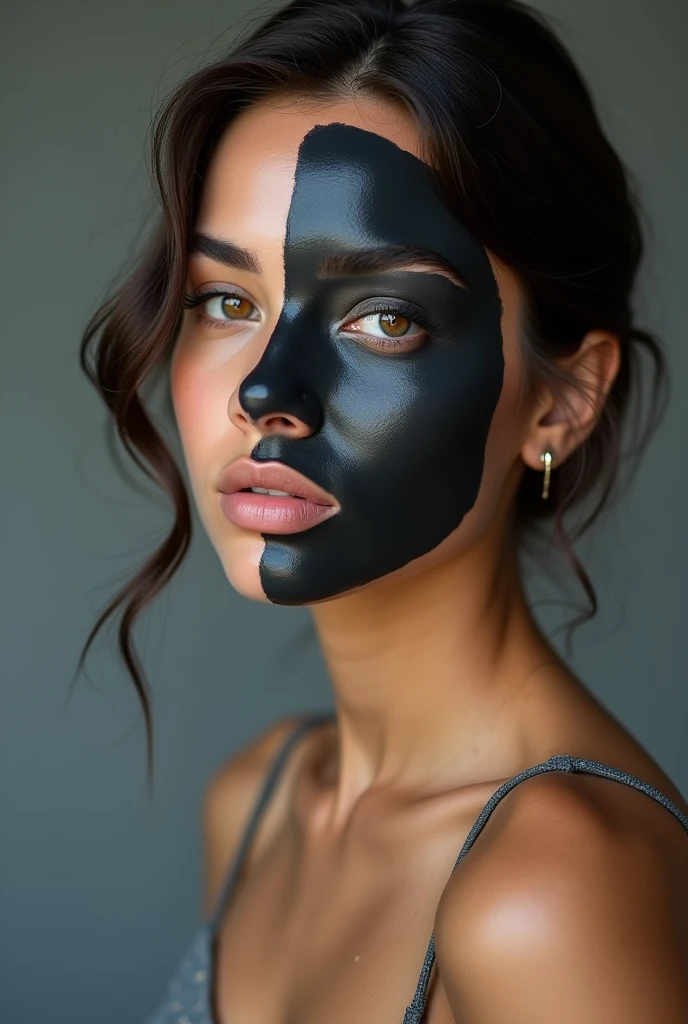 Real female model creative and aesthetic shoot with applied charcoal face mask on half face