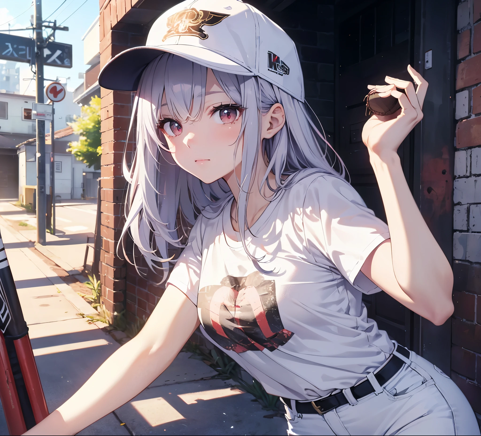 (Close-up:1.3),Realistic,Highest quality, Super detailed, High-quality CG rendering, The most delicate and beautiful, Floating softly, High resolution, (1 person), (Highest quality,4K,8k,masterpiece:1.2), Light purple hair,(Long Hair:1.5),Red eyes,(Pure white oversized short sleeve T-shirt:1.3),(Pure white skinny jeans:1.3),(Pure white baseball cap:1.3),In the city,old buildings,Narrow back alley,(front:1.3)