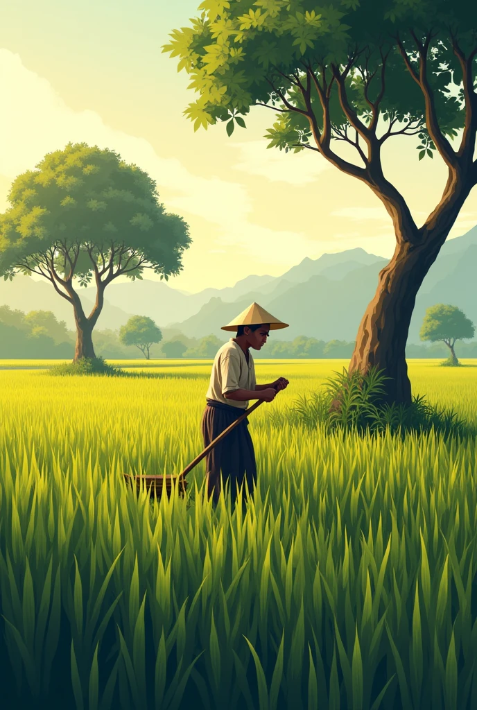 Make me a vector art of a rice farmer hoeing and Additional teak trees behind the rice fields with an afternoon atmosphere, padi lebih tinggi