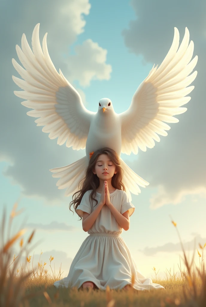 praying and big white dove ,wings open stays flaying above head,