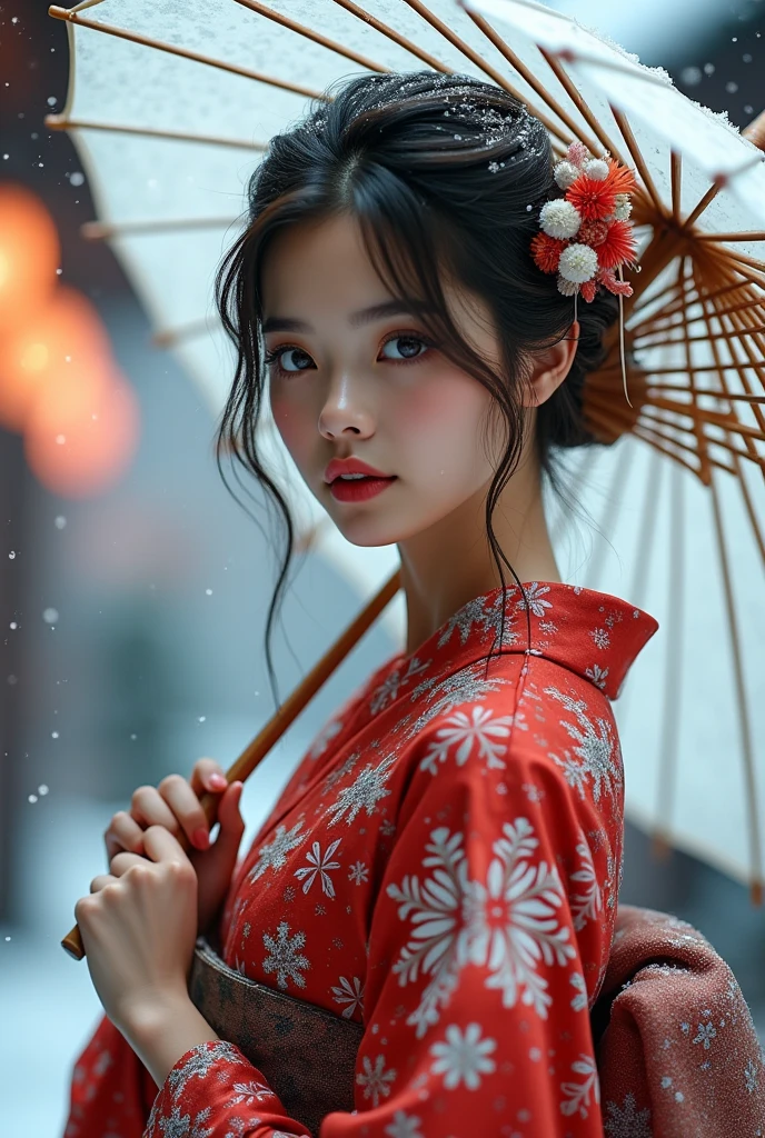 (masterpiece,Highest quality:1.4),(8k,RAW Photos,Photorealistic:1.4),Ultra-high resolution, ,(Glowing Skin:1.4),Detailed肌,Detailed顔,Detailed目,(Beautiful and shining eyes:1.2),Symmetrical eyes,Detailed耳,One person,Natural Makeup,(((Idol))),,Detailed背景,Vivid background,Beautiful and shiny hair,,((Average teenage breasts)),,(Detailed: Sexy Japanese kimono with snowflake pattern,,Snow falling background,Holding an umbrella,mysterious,whole body),,((Sharp Face)),Natural light,,(Very detailed ,,online shopping,LUMINE® Market,),real,,Professional,(Detailed,Location was great.),