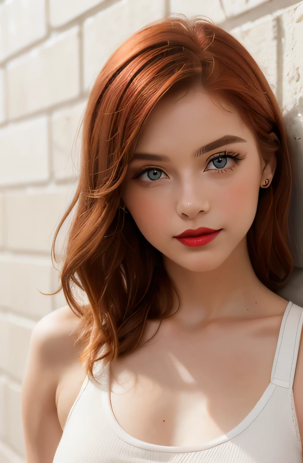 Young Caucasian woman (((redhead))), (((light-colored eyes))), thin face, (exquisitely detailed with nuanced textures), full lips, (vibrant red lipstick, professionally applied), ((polished, high-end makeup)), medium hair, captivating seductive smile, wearing a (pristinely white, form-fitting tank top), minimalist jewels, posed against a (seamless, bare, and subtly textured wall) in a professionally lit setting: (soft, expertly feathered illumination with subtle gradient, devoid of harsh shadows), film grain: 1.2, and a delicate, dreamy soft focus (accentuating facial details while gently blurring peripherals).