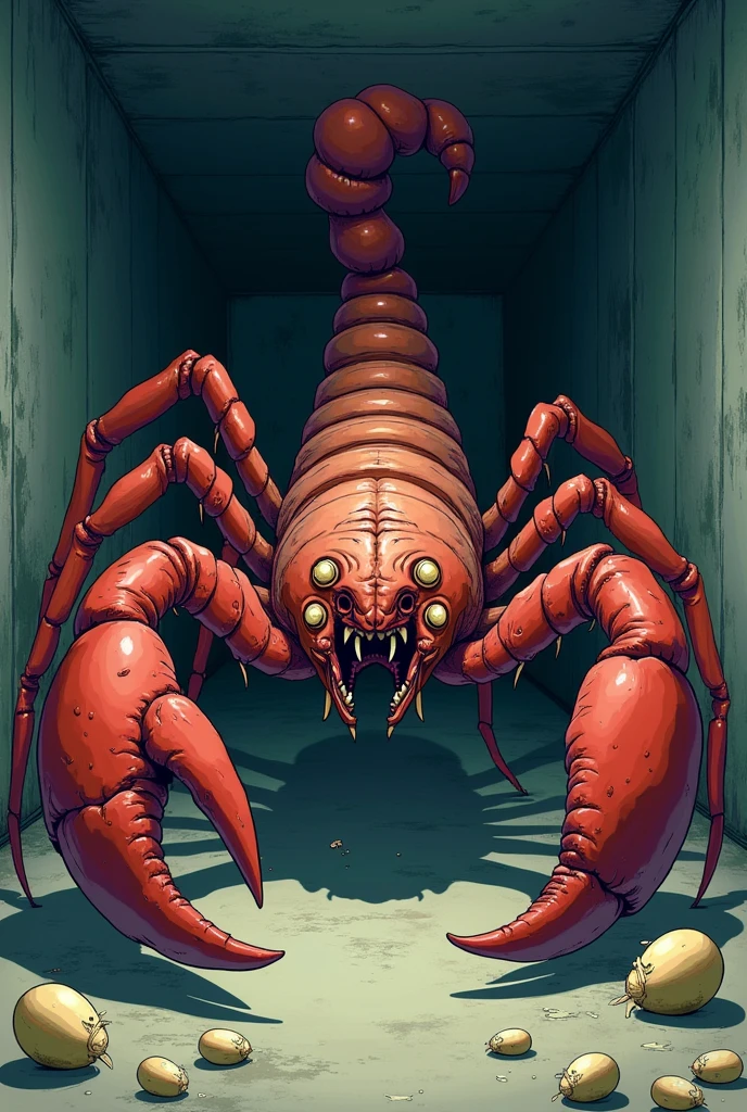 A boy's lower_body is transformed into a scorpion(Japanese anime style)（drider）(student costume)(eight legs)(entire spider_body)(red eyes)（basement）(eggs on floor)