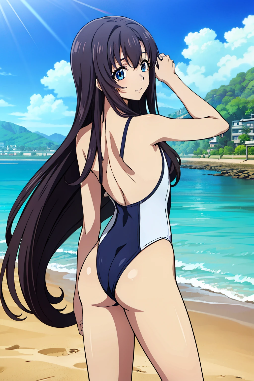 Black Hair,Long Hair,blue eyes,bangs, ((髪band)), Animeセル画スタイル,masterpiece, Highest quality, Very detailed, a Anime女の子, ((White Racing Back one-piece swimsuit)), (at beach), ((dynamic pose)), Naughty anime style, Anime, Naughty style, Naughty, Digital anime art!!, Anime Style, Official artwork, Visual Novel CG, beautifulAnime, Anime Style 4k, (beautiful,_Ass:1.0), (Long and thin_foot:1.0), 