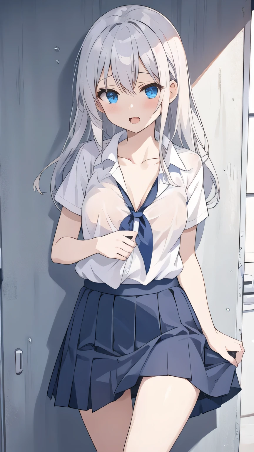cute girl, アニメ, silver hair, straight hair, Blue eyes, outdoor, cowboy shot, (orgasm:1.2), (young:1.4), dark blue skirt, white camisole, small bust, school uniform, (sheer bra:0.8)