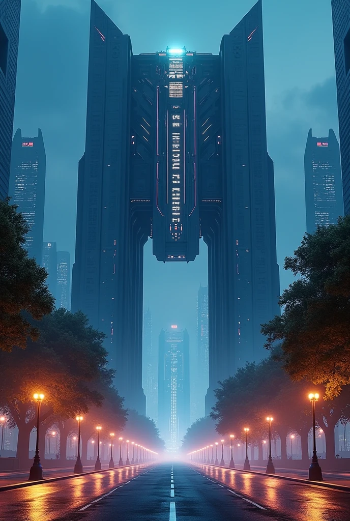 Grande porte d’une ville futuriste, ouverte sur un boulevard avec des lampes éclairage public, couleurs jaune, rouge et bleu, avec lumière bleu sombre
