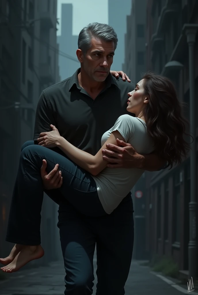A middle-aged man carrying a woman