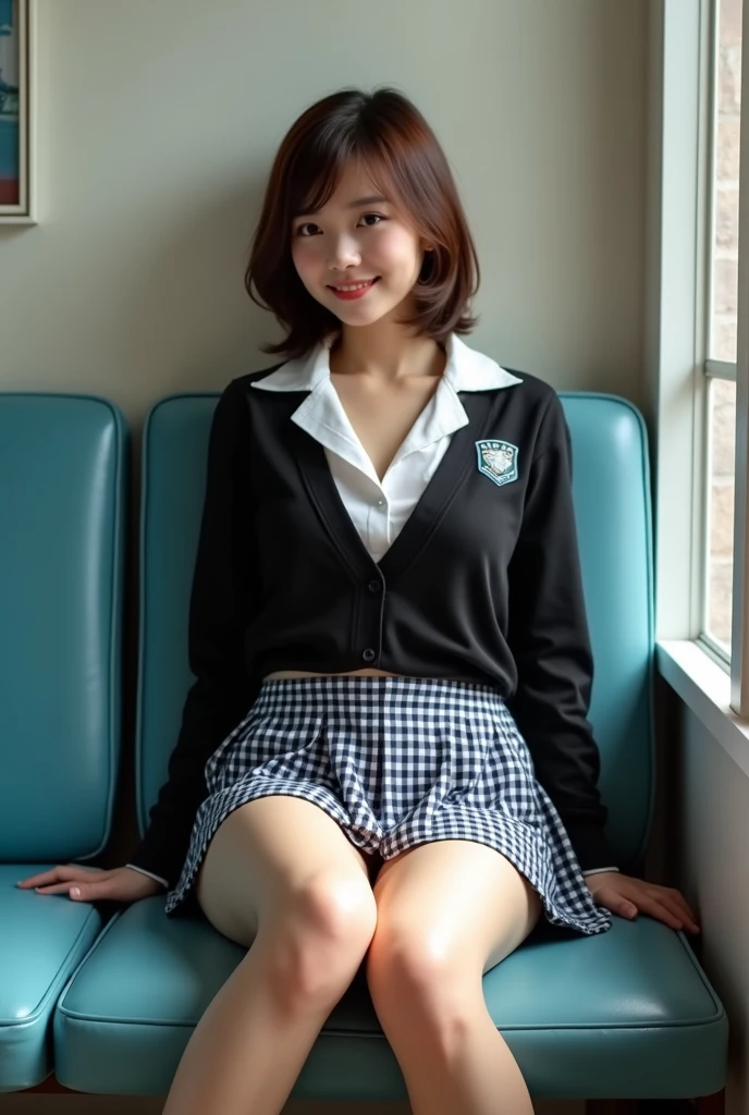 (masterpiece:1.2,8k, raw photo, ultra quality), absurdres, (photo realistic:2), high detail raw color photo,skiny skin, professional photograph,((best quality))、(bare legs:1.2), (navel baring:1.1), Very beautiful Japanese women、school uniform、Watch the audience、pointing、upskirt、Panty peeking、White panties、lace-trimmed panties、smile、(View your viewers)、short hair、White Background、Sit on a bench、Flash photography、skirt lift、panty peek
