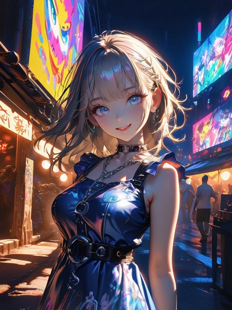 1 girl, chromatic aberration, Written boundary depth, Soft Light, masterpiece, Highest quality, complicated, Tone Mapping, A place where fireworks are set off at festivals. Concept Art, Smooth, Clear focus, Dramatic lighting, Very cinematic, super practical painting, アートステーション's trending, 8k, Incredible Shadows, practical,  whole body, View, Viewers, Portrait of a Girl 1, standing on street corner, Heavy rain and lightning、Dark Sky, neon and cyber punk background, she is dressed in punk clothing with silver chains and silver spikes, Her hair was dyed light brown.................Ominous aura of light, smile, punk, ciber punk, Backlight.Fashionable clothes、Friendly dress code: Wearing a pretty blue dress.My breasts are a little big