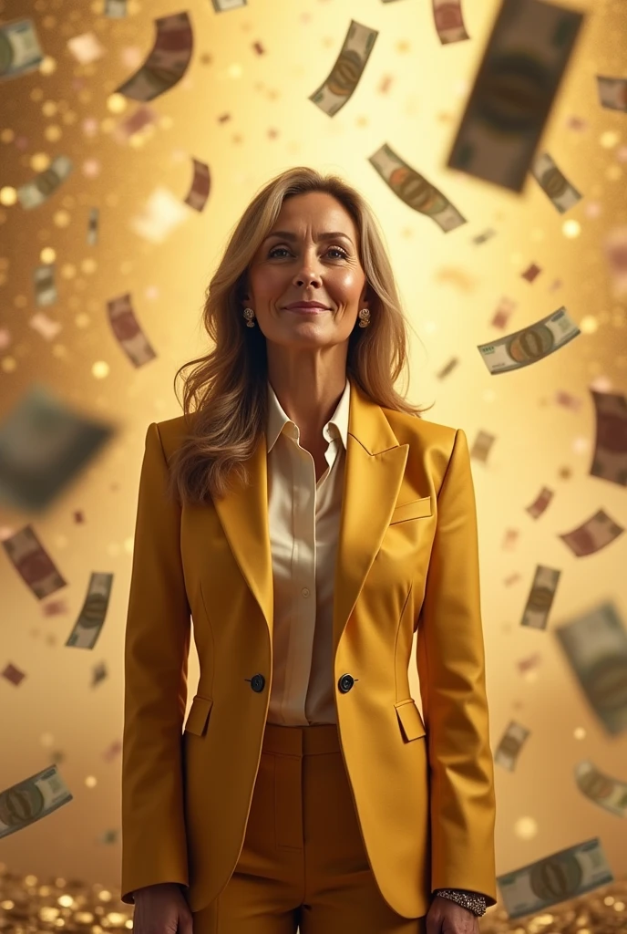 Generate an image of a middle-aged woman , medium height, light brown eyes, size M, long light brown hair, dressed in a gold-gold suit with the jacket closed, and may it rain down on you from heaven many, lots of dollar bills, euros, pounds sterling, with a golden sky, show the whole body .