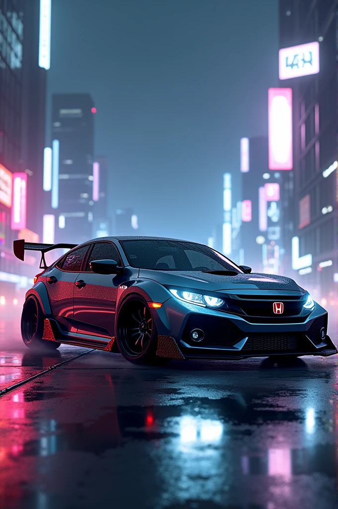 Honda civic with spoiler lowed in neon white light cyberpunk