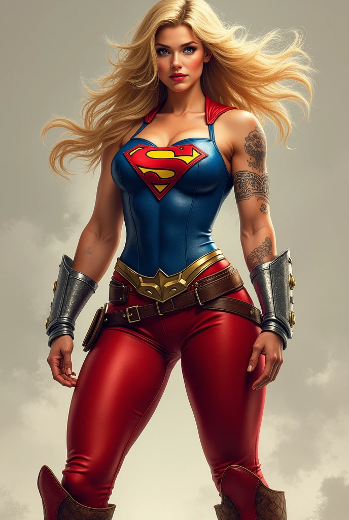 ((((Supergirl Woman of thick build with muscles in arms and legs)))),(((A beautiful woman with long blonde hair ruffled by the wind))),(((Blue corset with wide brown leather harness)))),((((Red legis)))),((((Red boots on sheepdog con borde)))),(((Sheepskin on his shoulders))),(((Tattoos on one of his arms)))),((((Giant Broad-Brimmed Sword)))),(((Red legis))),(((Red boots on sheepdog))),(((Blue corset with Supergirl emblem )))),((((Silver-colored metal bracelets oscuros)))),((((woman with a thick build, muscular arms and legs)))),((((Silver-colored metal bracelets)))