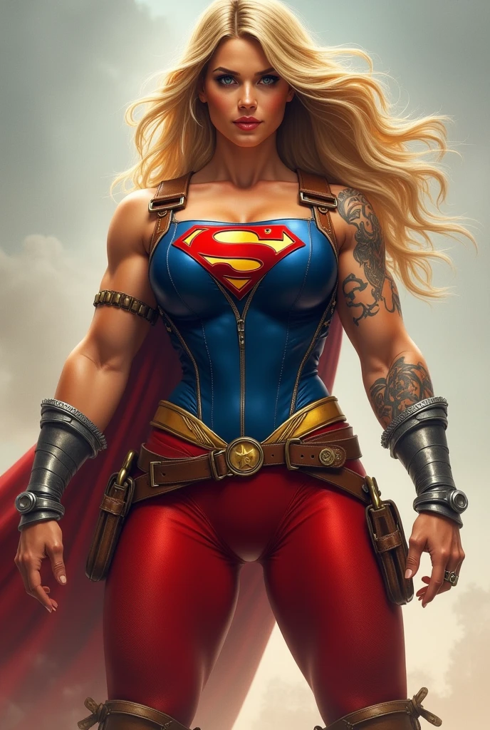 ((((Supergirl Woman of thick build with muscles in arms and legs)))),(((A beautiful woman with long blonde hair ruffled by the wind))),(((Blue corset with wide brown leather harness)))),((((Red legis)))),((((Red boots on sheepdog con borde)))),(((Sheepskin on his shoulders))),(((Tattoos on one of his arms)))),((((Giant Broad-Brimmed Sword)))),(((Red legis))),(((Red boots on sheepdog))),(((Blue corset with Supergirl emblem )))),((((Silver-colored metal bracelets oscuros)))),((((woman with a thick build, muscular arms and legs)))),((((Silver-colored metal bracelets)))