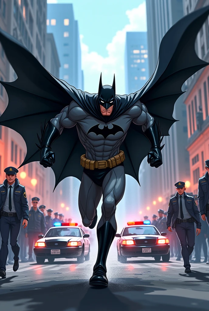 3D anime image of Batman running away from the police and people watching the scene