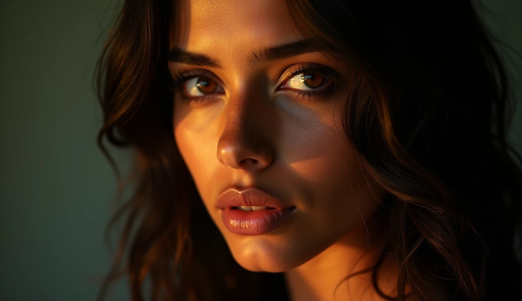 a beautiful mysterious Indian woman, intricate detailed face, piercing eyes, long eyelashes, delicate skin, natural beauty, flowing hair, candid elegant pose, dramatic lighting, cinematic mood, vibrant color palette, chiaroscuro lighting, high quality, photorealistic, 8k, intricate details, professional rendering