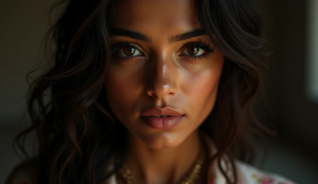 a beautiful mysterious Indian woman, intricate detailed face, piercing eyes, long eyelashes, delicate skin, natural beauty, flowing hair, candid elegant pose, dramatic lighting, cinematic mood, vibrant color palette, chiaroscuro lighting, high quality, photorealistic, 8k, intricate details, professional rendering