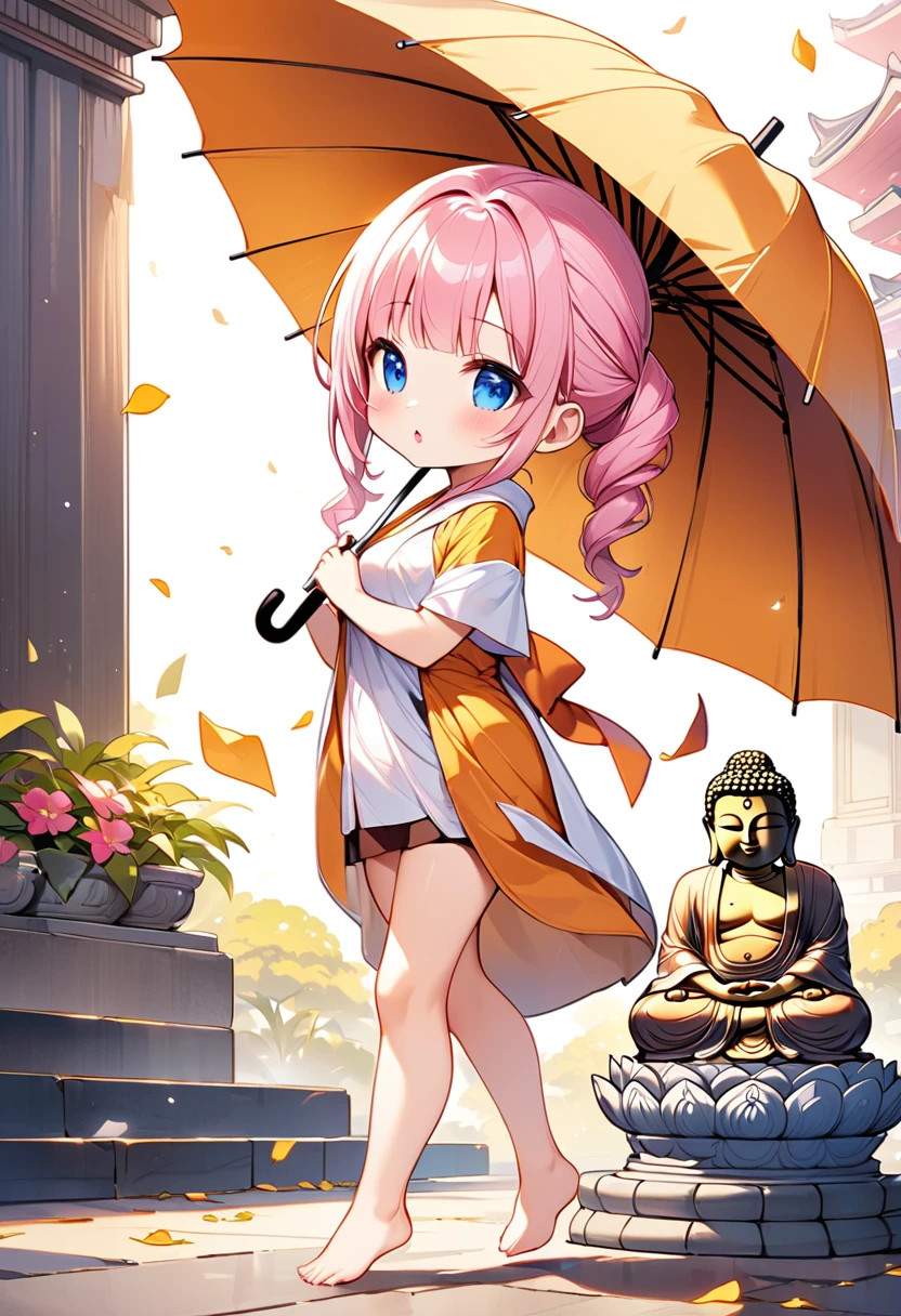 Highest quality、High resolution、Detailed Background、Beautiful face in every detail、Anatomically correct、Detailed facial expressions、fine grain、((full body, from side:1.5, looking away:1.2)), break ((One Girl:1.5)、((Chibi Girl:1.5)))、Bright pretty hair color、Big beautiful blue eyes、Fuller lips、Pink Lips、Braided twintails、Ahoge、break ((Offering an umbrella to a Buddha statue:1.5))、(Tattered clothes、Tattered umbrella、barefoot)、break I'm hungry:1.5、I'm not feeling well、(my face is dirty with dirt:1.5、Gentle expression:1.5)、break ((The background is the approach to the shrine covered in heavy snow:1.5、A dilapidated Buddha statue、Snowstorm))