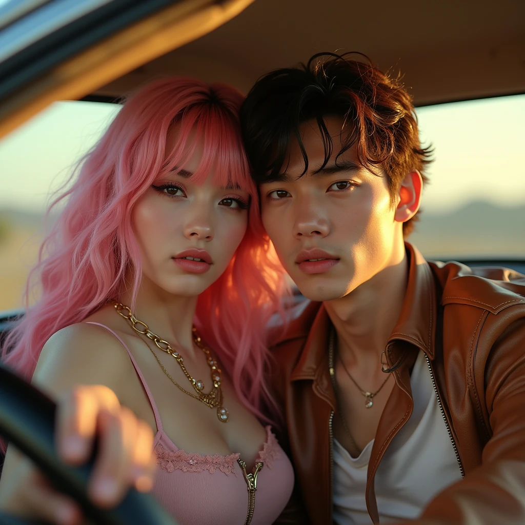 (((ultra realistic))) Photo, masterpiece, top quality, (pale skin), (ultra detailed face and eyes:1.3), 1 girl, 1 guy, adult, we are driving in the car, ((Eye makeup, pink mascara)), ((large detailed lips)), ((pink wavy hair)), ((Bangs)) , (natural breasts), thin waist. ((posing)), photoshoot, Studio (contour lighting), (The play of light and shadows), depth of field, hips, (special attention to leather details: 1.2), detailed skin texture, skin pores. (Light atmosphere of the frame. The color scheme is delicate., Bright, yellow tones), DR, ((granularity)), ((rays)), (glare), ((Photo from the back)) , Ultra detailed, clothing style 80's