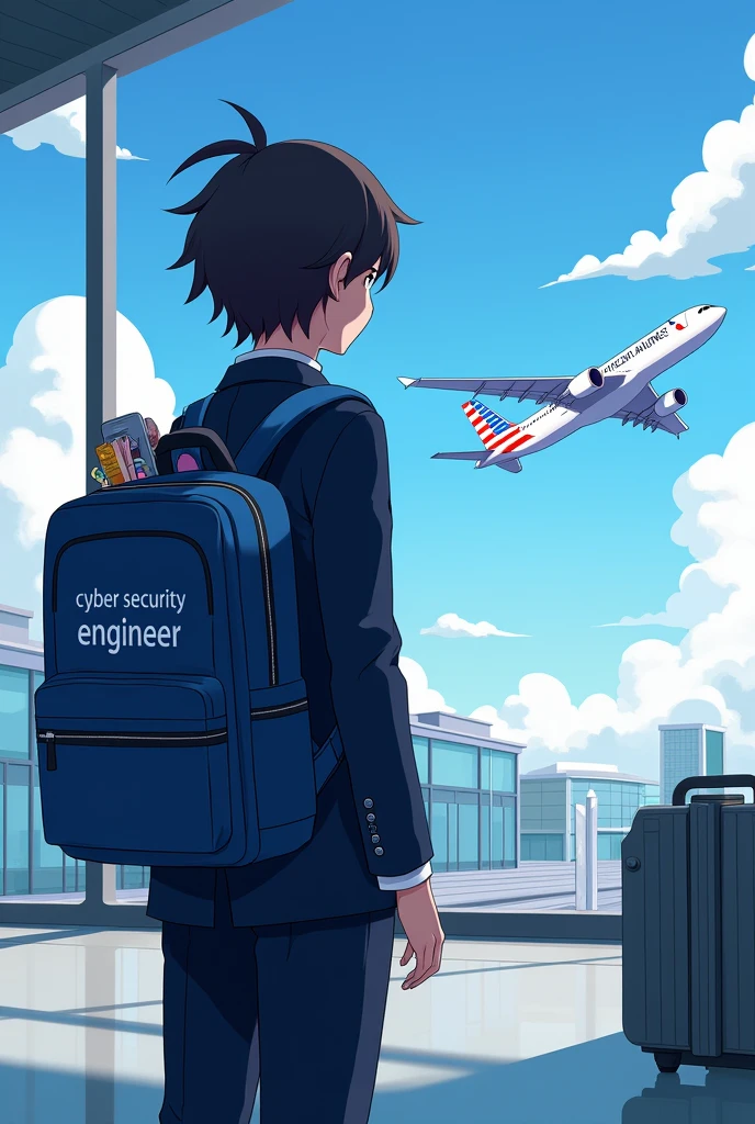 Cyber security engineer is in airport watching plane flying with his bag
In his full school bag it's written Cyber security engineer
Matched with his dress colour
Anime character
Good hairstyle
In plane it's written American airlines