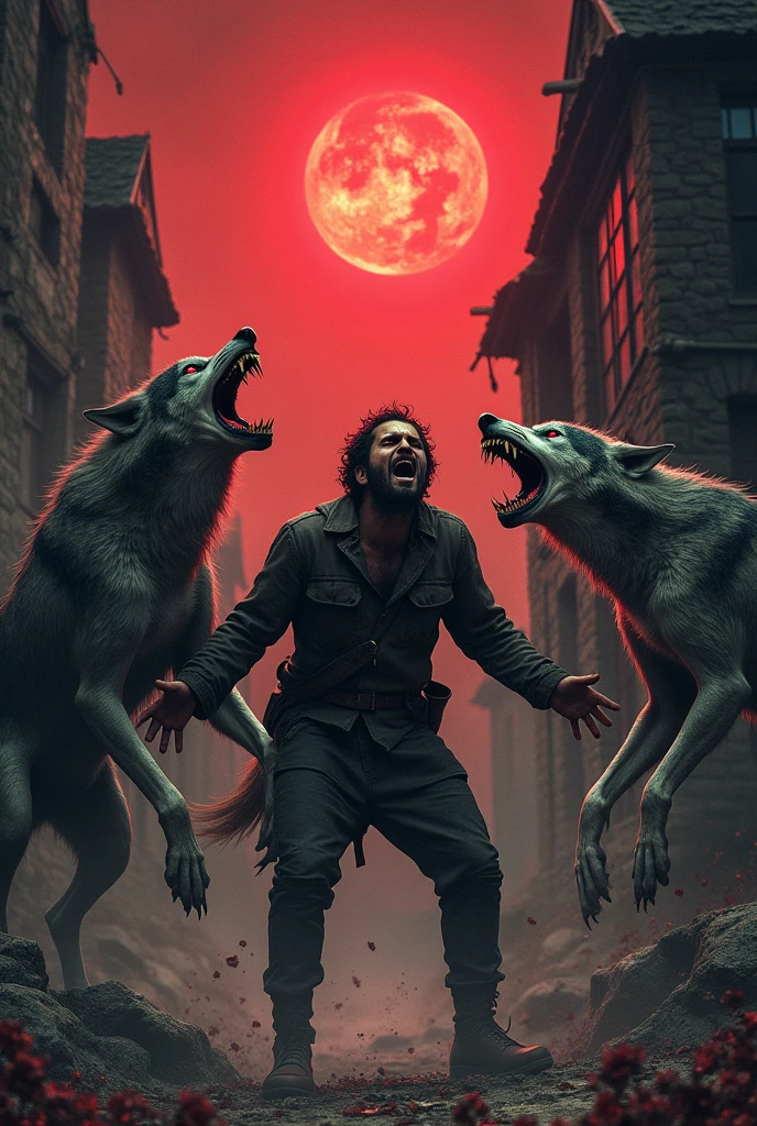 Ancient residences and a blood-colored moon , infected wolves killing a man up close
