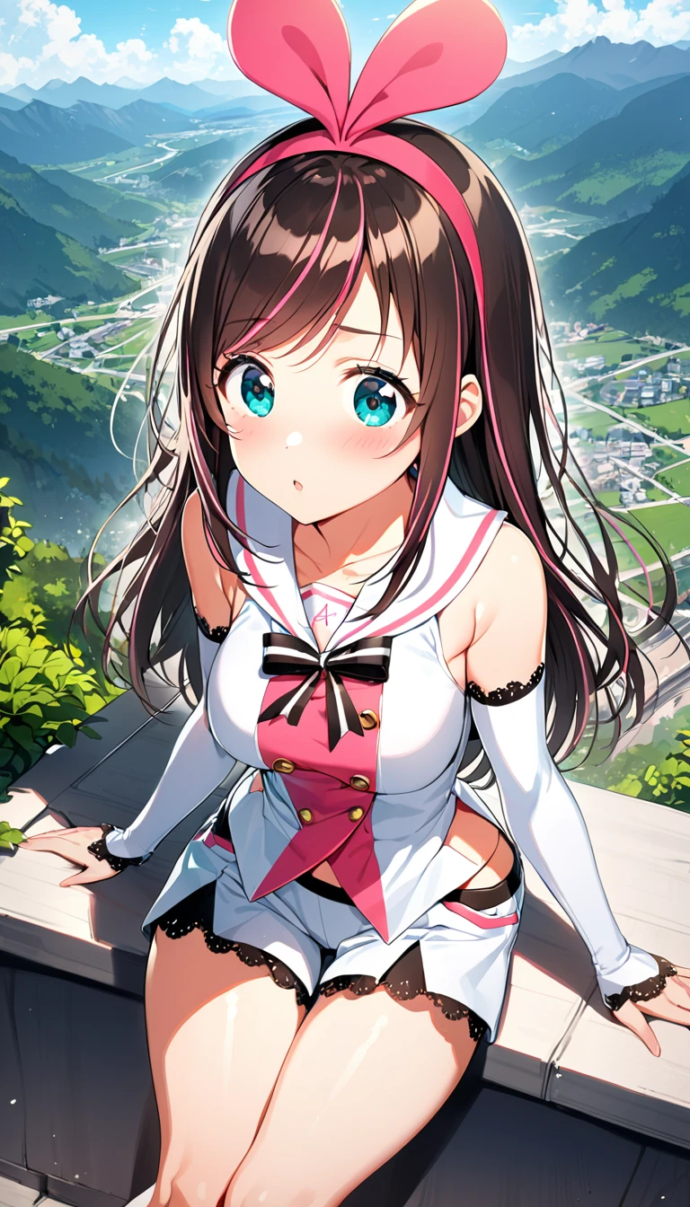 16K,One girl, Kizuna Ai \(Kizuna Ai\), Kizuna Ai, ,○fficial style,blush,Embarrassing,:○,cute,Thick thighs,Large Breasts,Natural light, (masterpiece, Highest quality),,Detailed landscape,l○○king view,p○v,white backgr○und 
