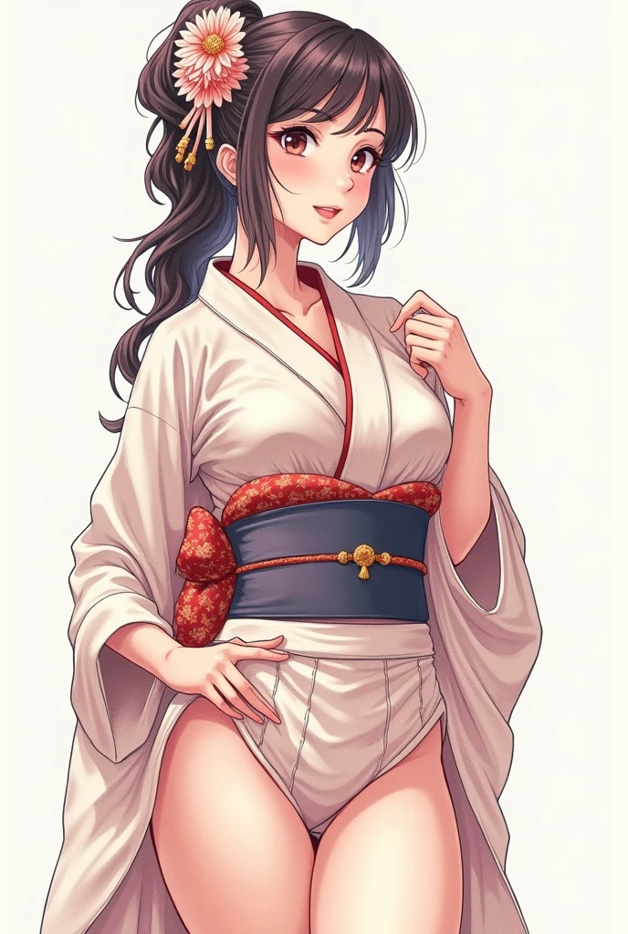 Draw a picture of a young, sexy Japanese woman, wearing a kimono with big thighs and looking up
