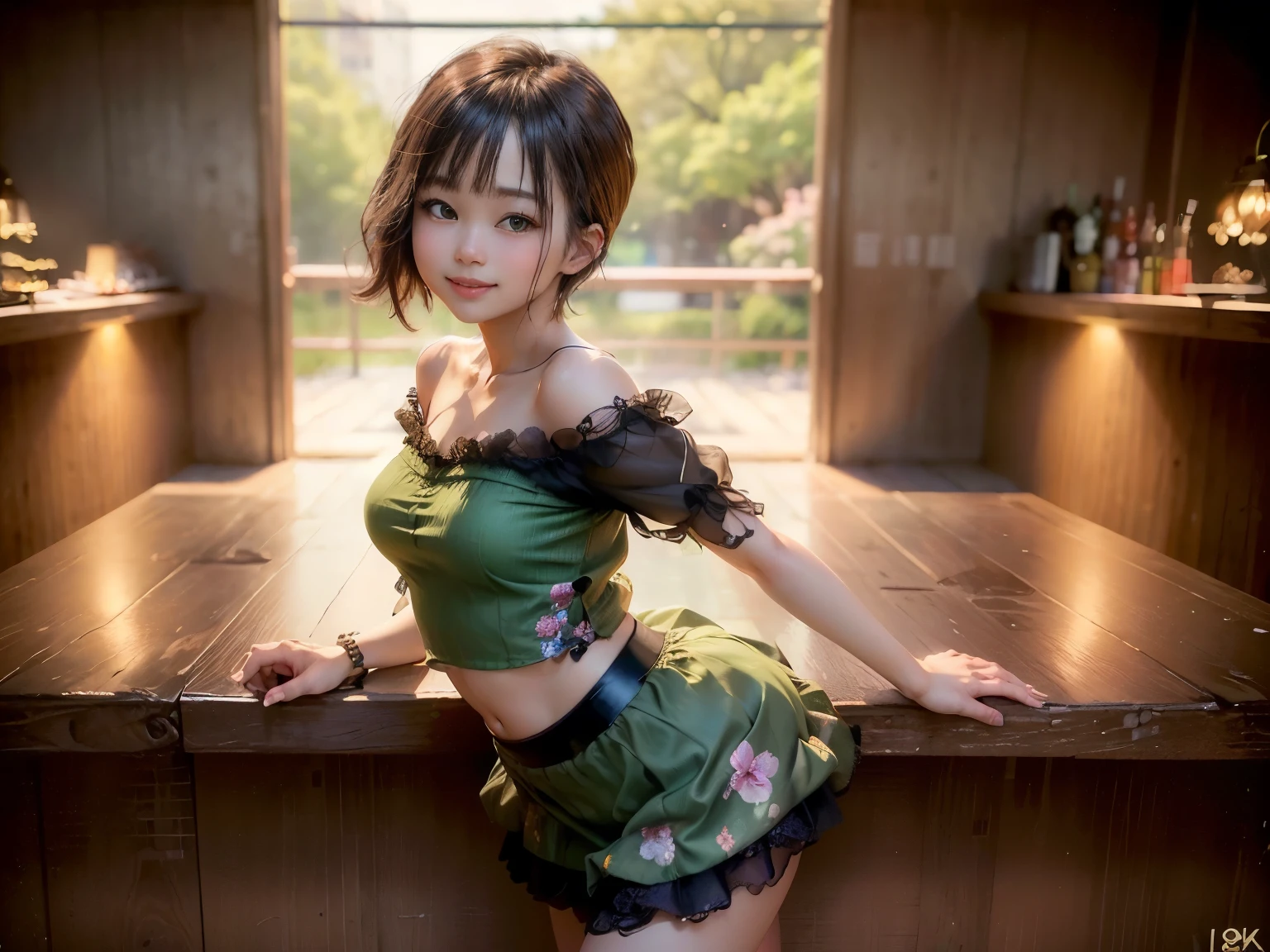 (Highest quality, masterpiece, Ultra-high resolution, 8k, RAW Photos, Realistic, Anatomically correct:1.5), 20-year-old girl:1.2, Embarrassing, avert your eyes, blush:1.0, View Viewer, ((bar)) 、Large windows、Night view、 Light:1.2, Bokeh, Cinema Lighting:1.0, Depth of written boundary, sharp、 Cute Face、Idol、(Black short sleeve lace top)、(Black tulle skirt)、(Green clothes)、(Floral clothes)、”dwarf”、(Full Body Shot)、(Side angle)、Cowboy Shot、( smile)、((Ultra short hair、Berry Short))、(Straight bangs)、((See-through))、(( One woman))、look back、I can see your belly button、