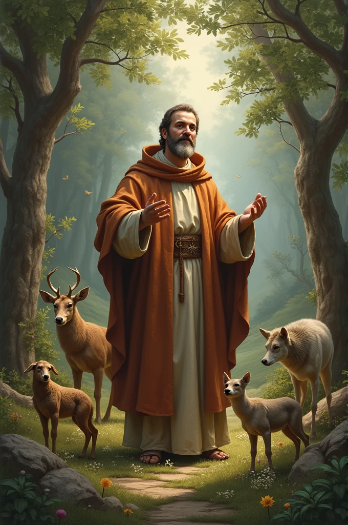 "Create an image of Saint Francis of Assisi surrounded by animals and nature, capturing his love for creation. Include the text 'Saint Francis of Assisi – Patron of Animals' in a gentle, natural font."