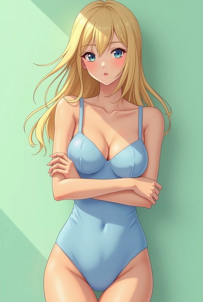 "High quality, 20-year-old Japanese woman with blonde straight hair, gently blowing in the wind. Slightly anime-style. Arms crossed in front of her chest, leaning forward to accentuate her ample bust.Wearing only a very sheer light blue latex leotard.Nipples accentuated(2.0). Vagina accentuated(3.0). Legs crossed. Alluring expression, looking directly at the camera. Full makeup. Viewed from approximately 3 meters away at a 30-degree angle from the upper left. Light green background with soft lighting from the front. Drawn from the thighs up to the head."