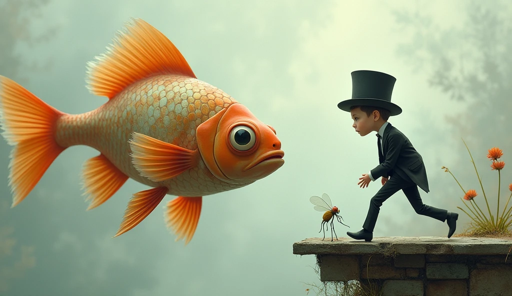 In a surreal, dreamlike setting, two large, anthropomorphic fish hovers in mid-air, its scales shimmering with subtle iridescent hues, and its large, round eyes, large eye ball, fat body, funny face, full of curiosity. The fish has vibrant orange fins that fan out gracefully, with delicate, translucent edges that catch the light. It faces a peculiar, a cartoonish boy who is dressed in a perfectly tailored black suit, laughing, complete with a crisp white shirt and a tall, slightly tilted top hat. The boy’s head is disproportionately large, exaggerated popped eyes that mirror the fish's inquisitiveness. His expression is one of intense focus, goofy as he leans precariously forward on the edge of a weathered platform, his hands clasped behind his back. Between them, a tiny, delicate insect with gossamer wings hovers, seemingly frozen in the moment. The background is an ethereal, muted blend of soft grays, beiges, and blues, with faint, abstract textures that enhance the otherworldly atmosphere of the scene. A single, fragile flower grows from a crack in the platform, adding a touch of whimsy to the already fantastical environment