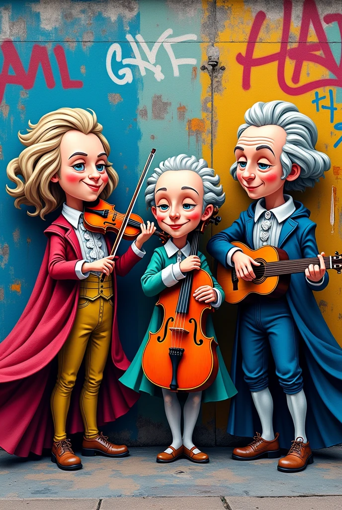 Create a cartoon graffiti mural with 3 characters from: vivaldi, mozarth, picasso, playing instruments