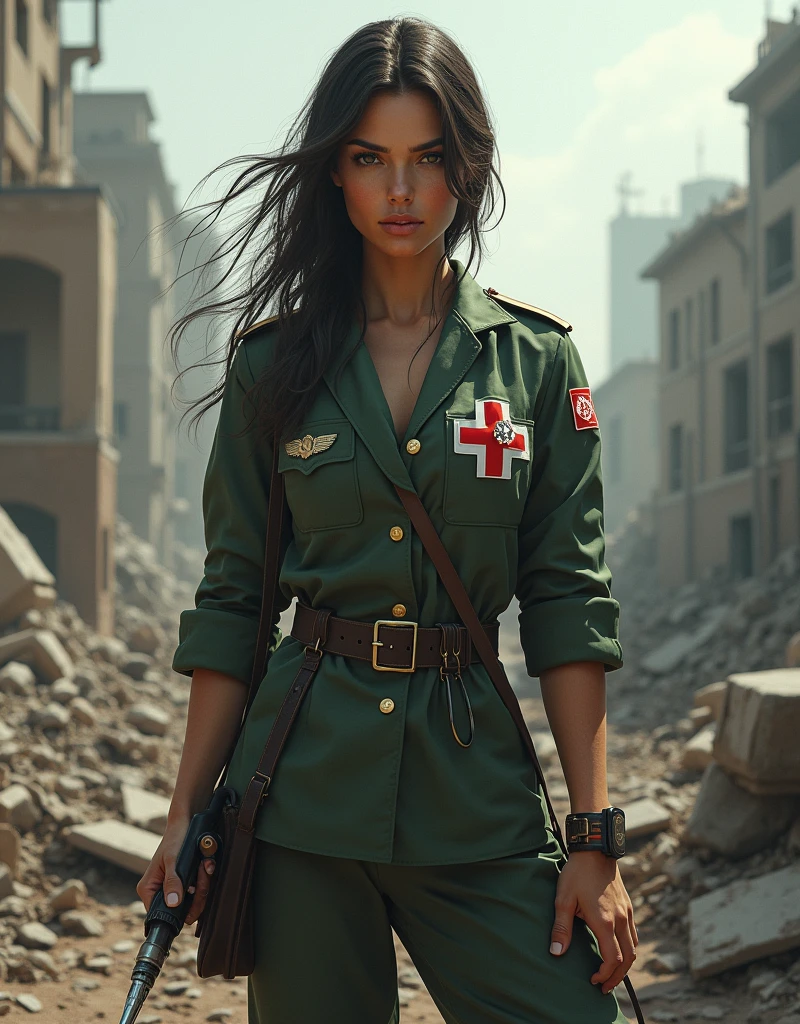 (Photorealism:1.2), beautiful armed woman, Conscript, syringe, stethoscope, battleground, Military uniform with red cross mark