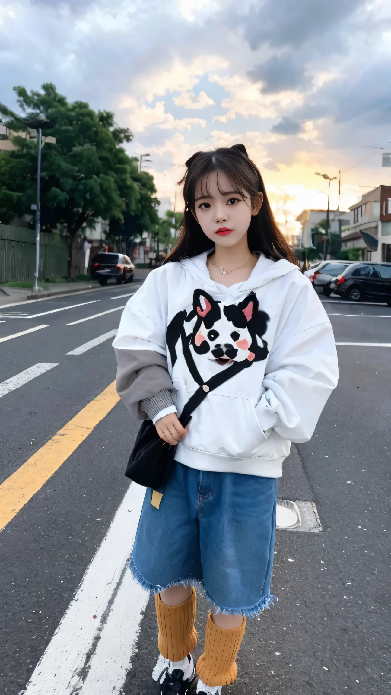 A girl stands in the street，The cloudy sky behind，A helpless expression。Next to her is a cute but somewhat naughty looking puppy，The dog is wagging its tail playfully，Puppy&#39;s clothing。