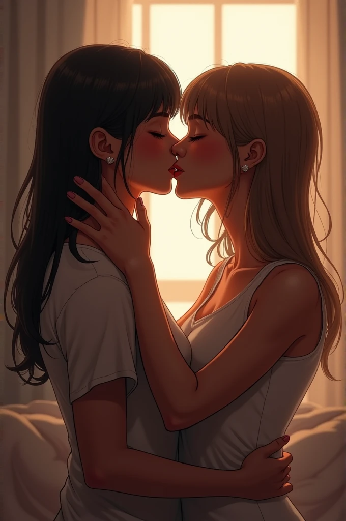 masterpiece, best quality, detailed lips, detailed face, detailed skin, 2girls, multiple girls, yuri, petite, jacket, open jacket, t shirt, small breasts, kiss, kissing, indoors