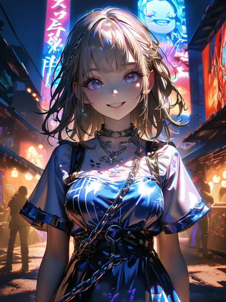 1 girl, chromatic aberration, Written boundary depth, Soft Light, masterpiece, Highest quality, complicated, Tone Mapping, A place where fireworks are set off at festivals. Concept Art, Smooth, Clear focus, Dramatic lighting, Very cinematic, super practical painting, アートステーション's trending, 8k, Incredible Shadows, practical, whole body, View, Viewers, Portrait of a Girl 1, standing on street corner, Heavy rain and lightning、Dark Sky, neon and cyber punk background, she is dressed in punk clothing with silver chains and silver spikes, Her hair was dyed light brown.................Ominous aura of light, smile, punk, ciber punk, Backlight.Fashionable clothes、Friendly dress code: Wearing a pretty blue dress.My breasts are a little big