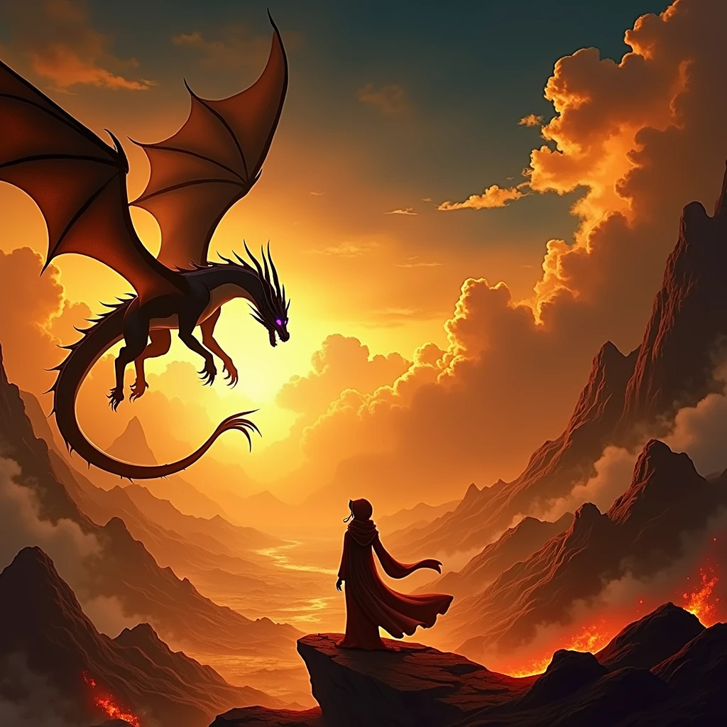 "add a - Background:
- A bluish white fiery landscape with a majestic dragon soaring overhead also facing the viewer, its silhouette a powerful symbol of the Dragon King's dominion and the fiery nature of the phoenix, a woman wearing a a hoodie rob looking at the viewer with only her eyes glowing in purple and blue are visible on the image.
- Color Palette: Deep blues and purples dominate the scene, creating a sense of mystery and magic. These colors highlight Varaxia's duality, the contrast between her phoenix and fox forms, and the power of her hybrid nature."