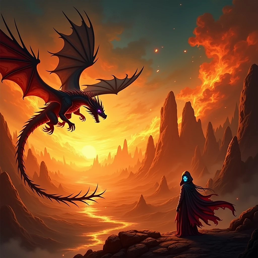 "add a - Background:
- A bluish white fiery landscape with a majestic dragon soaring overhead also facing the viewer, its silhouette a powerful symbol of the Dragon King's dominion and the fiery nature of the phoenix, a woman wearing a a hoodie rob looking at the viewer with only her eyes glowing in purple and blue are visible on the image.
- Color Palette: Deep blues and purples dominate the scene, creating a sense of mystery and magic. These colors highlight Varaxia's duality, the contrast between her phoenix and fox forms, and the power of her hybrid nature."