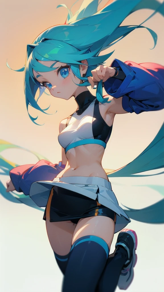 (Hyper Quality), [Standing, Upper Body, Close-up of Girl:0.5], Slim Body, Perfect Body, Mini Skirt, High Neck Sports Bra, Gradient Background, Anime Character, (Cute Girl:1.1), Posing