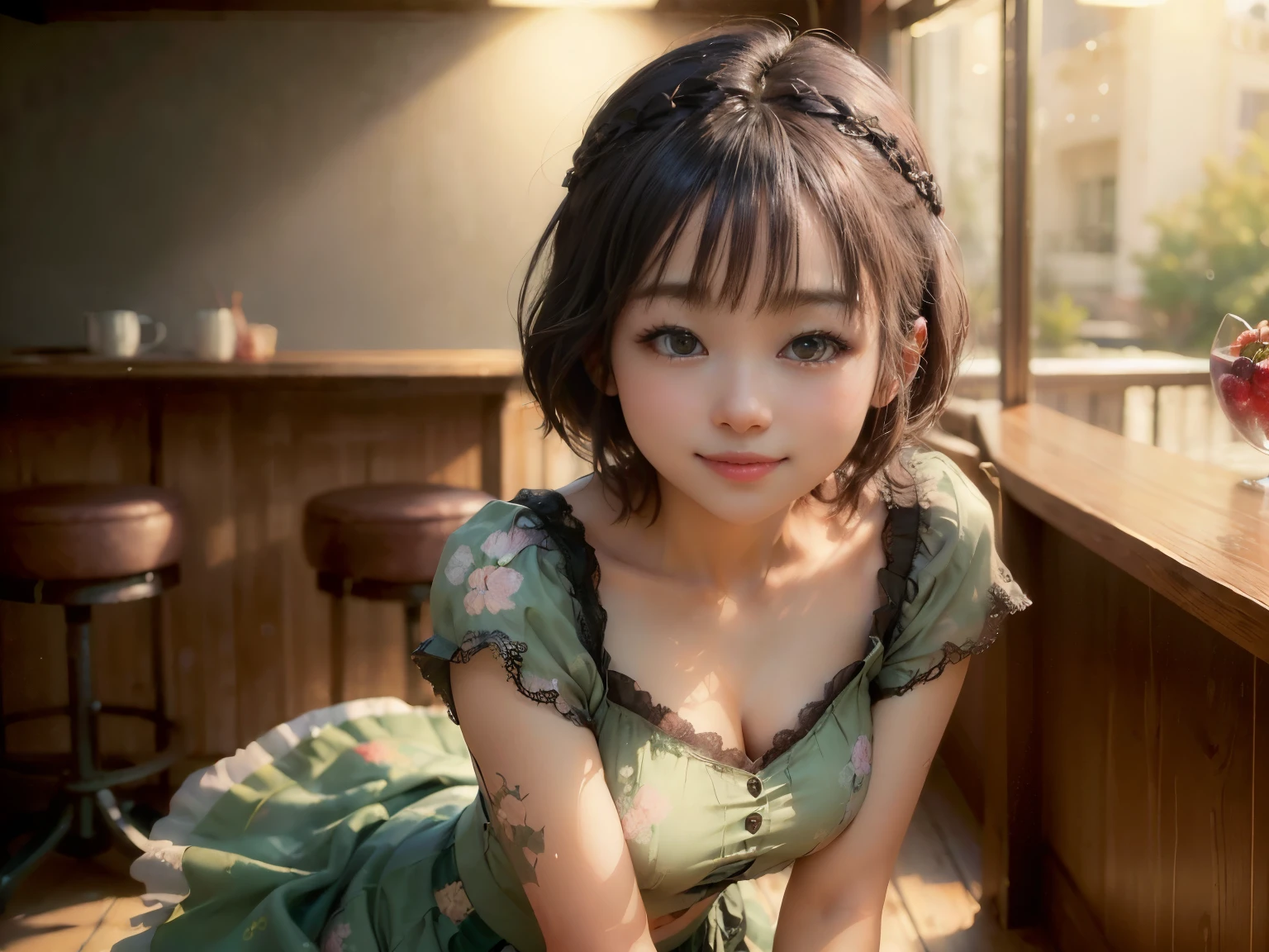 (Highest quality, masterpiece, Ultra-high resolution, 8k, RAW Photos, Realistic, Anatomically correct:1.5), 20-year-old girl:1.2, Embarrassing, avert your eyes, blush:1.0, View Viewer, ((bar)) 、Large windows、Night view、 Light:1.2, Bokeh, Cinema Lighting:1.0, Depth of written boundary, sharp、 Cute Face、Idol、(Black short sleeve lace top)、(Black tulle skirt)、(Green clothes)、(Floral clothes)、”dwarf”、(Full Body Shot)、(Side angle)、Cowboy Shot、( smile)、((Ultra short hair、Berry Short))、(Straight bangs)、((See-through))、(( One woman))、look back、I can see your belly button、